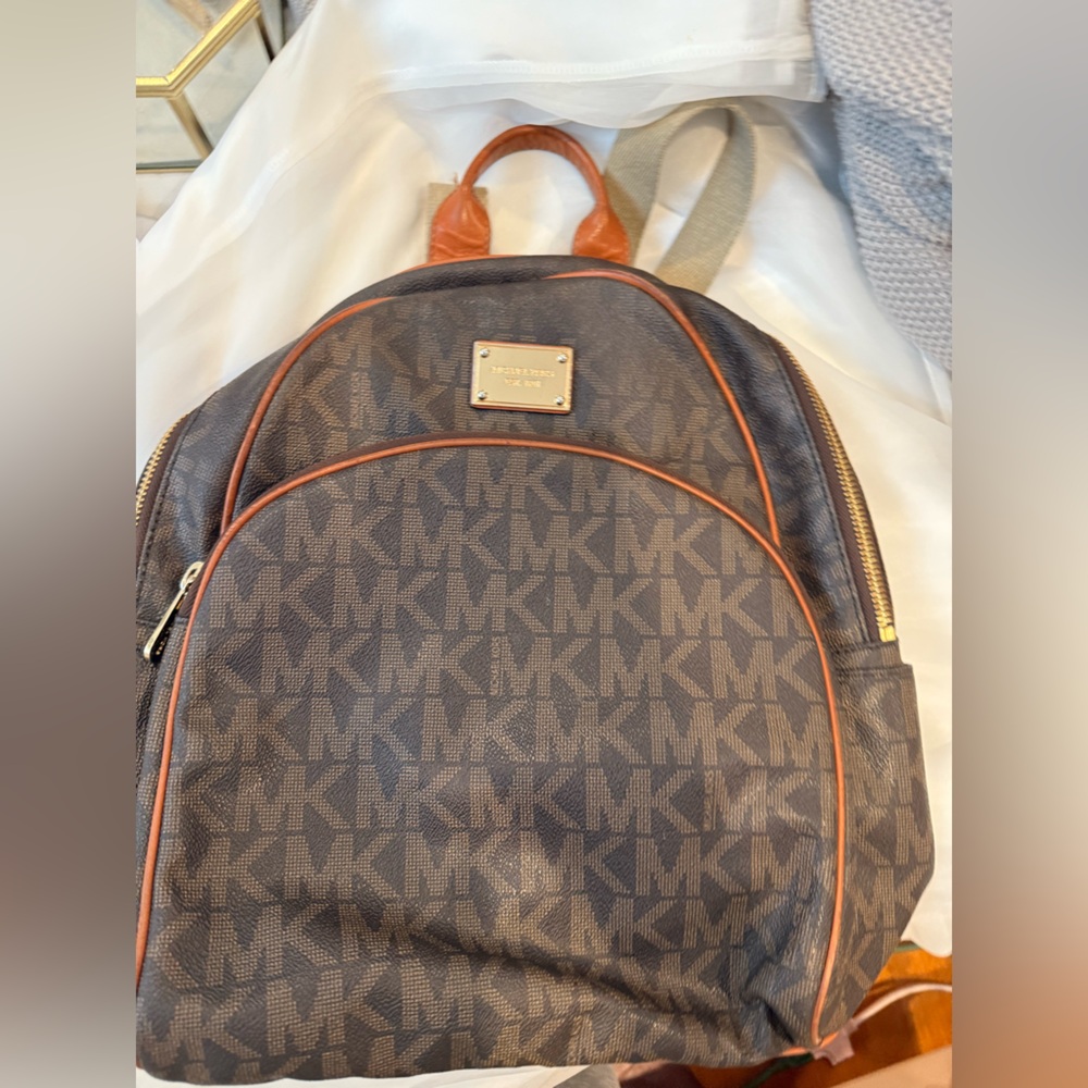 Michael Kors Brown Backpack with Signature Monogram and Cognac Leather Trim